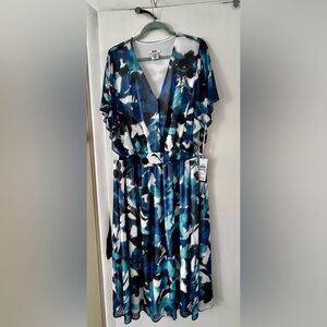 DKNY Blue Floral V-Neck Dress